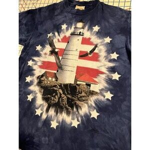 VINTAGE 2002 The Mountain Lighthouse Eagle Flag Patriotic Tie Dye T-Shirt LARGE